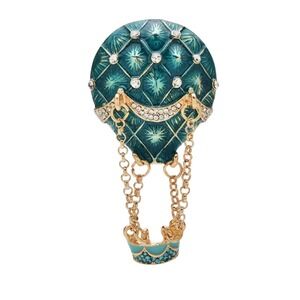 Teal Enamel Hot Air Balloon Brooch Gold Tone Rhinestone‎ Novelty Pin Accessory